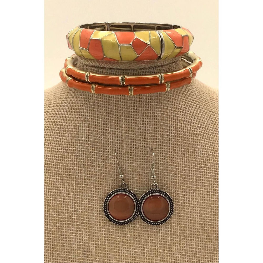 Enamel Jewelry Set Bamboo Style Bangles Mosaic Stretch Bracelet Earrings Beach